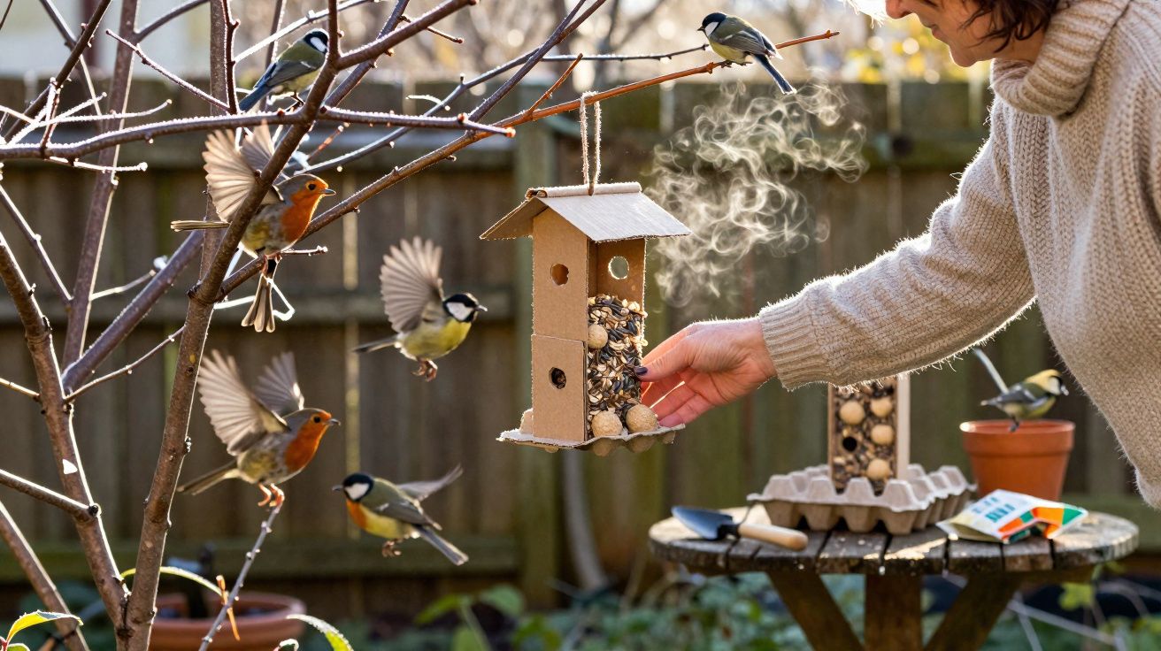 Mulher a colocar alimento em comedouro para pássaros num jardim com vários pássaros a voar.