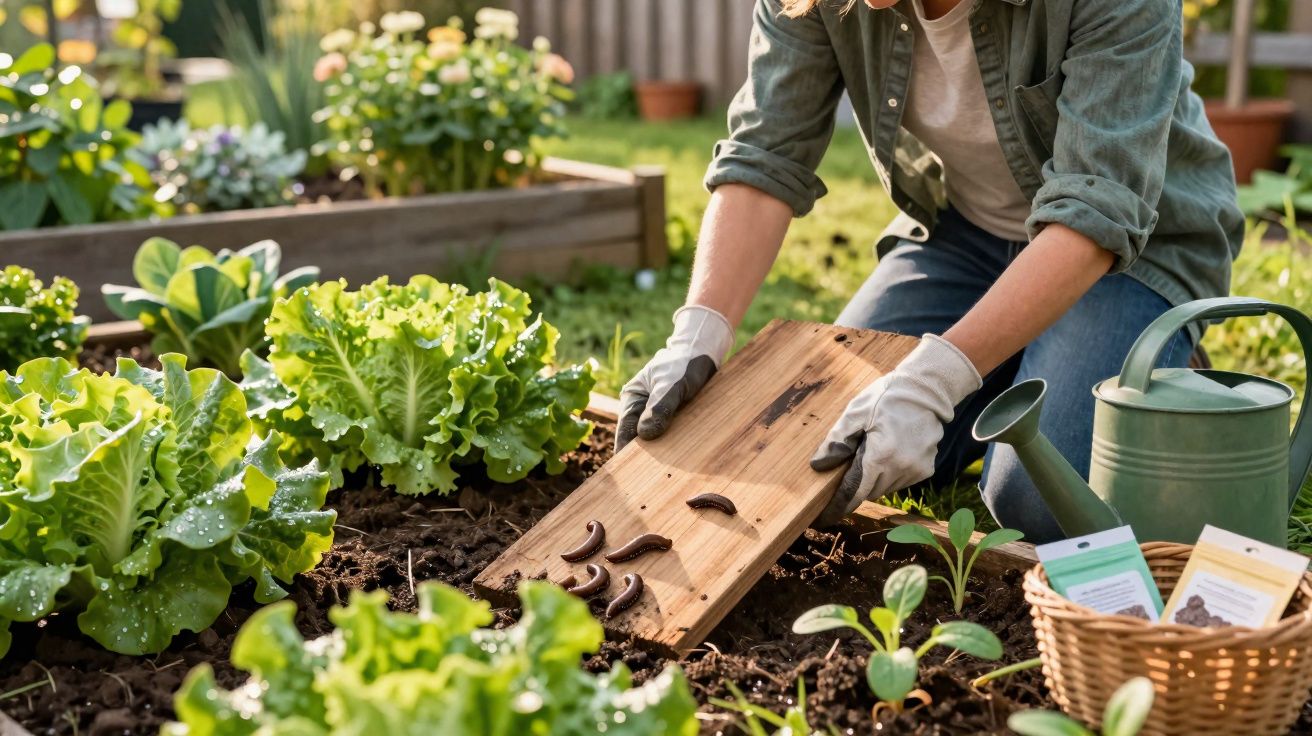 Pessoa a deitar lesmas num tabuleiro de madeira num jardim com alfaces e regador ao lado.