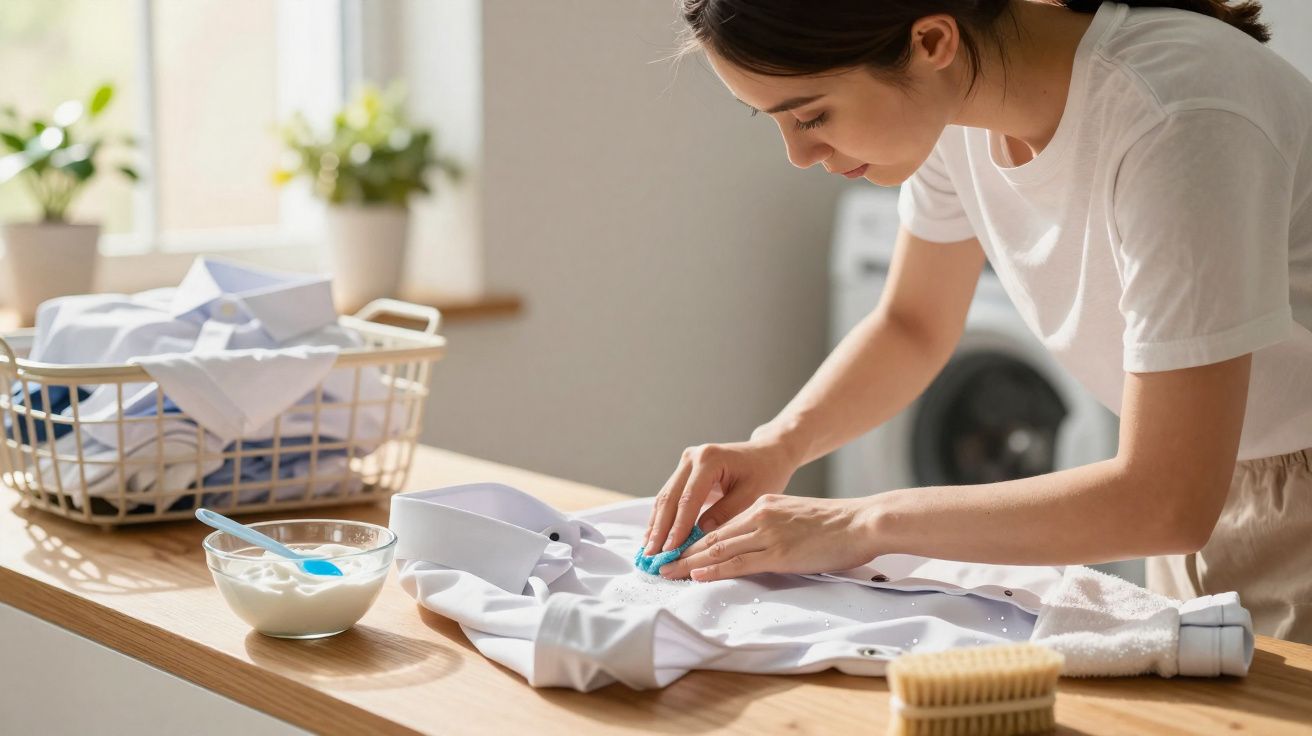 Mulher a remover manchas de camisa branca usando um produto de limpeza caseiro em casa.