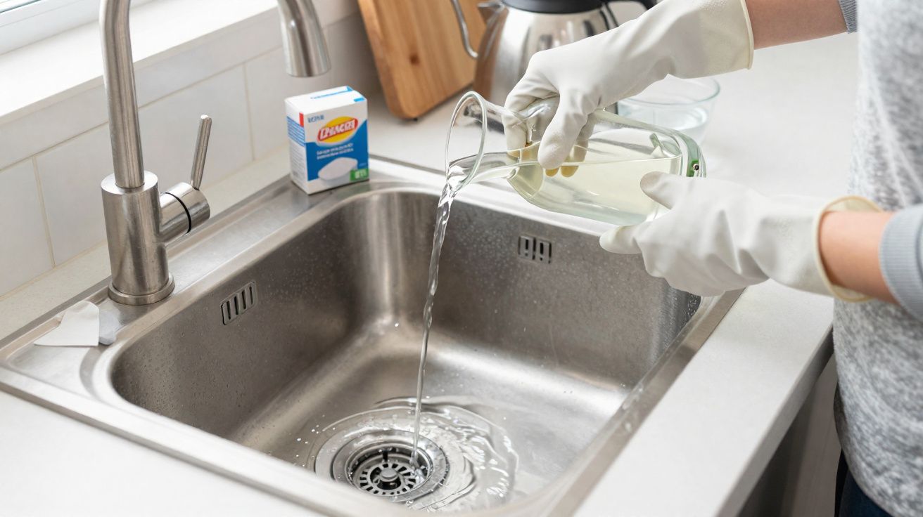 Pessoa a despejar líquido no lava-loiça de aço inox, usando luvas brancas de borracha em cozinha moderna.