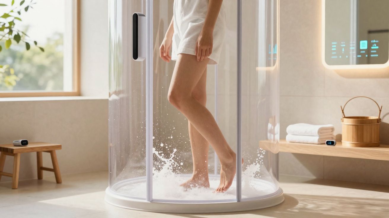 Pessoa em pé dentro de um chuveiro transparente de design moderno numa casa de banho luminosa.