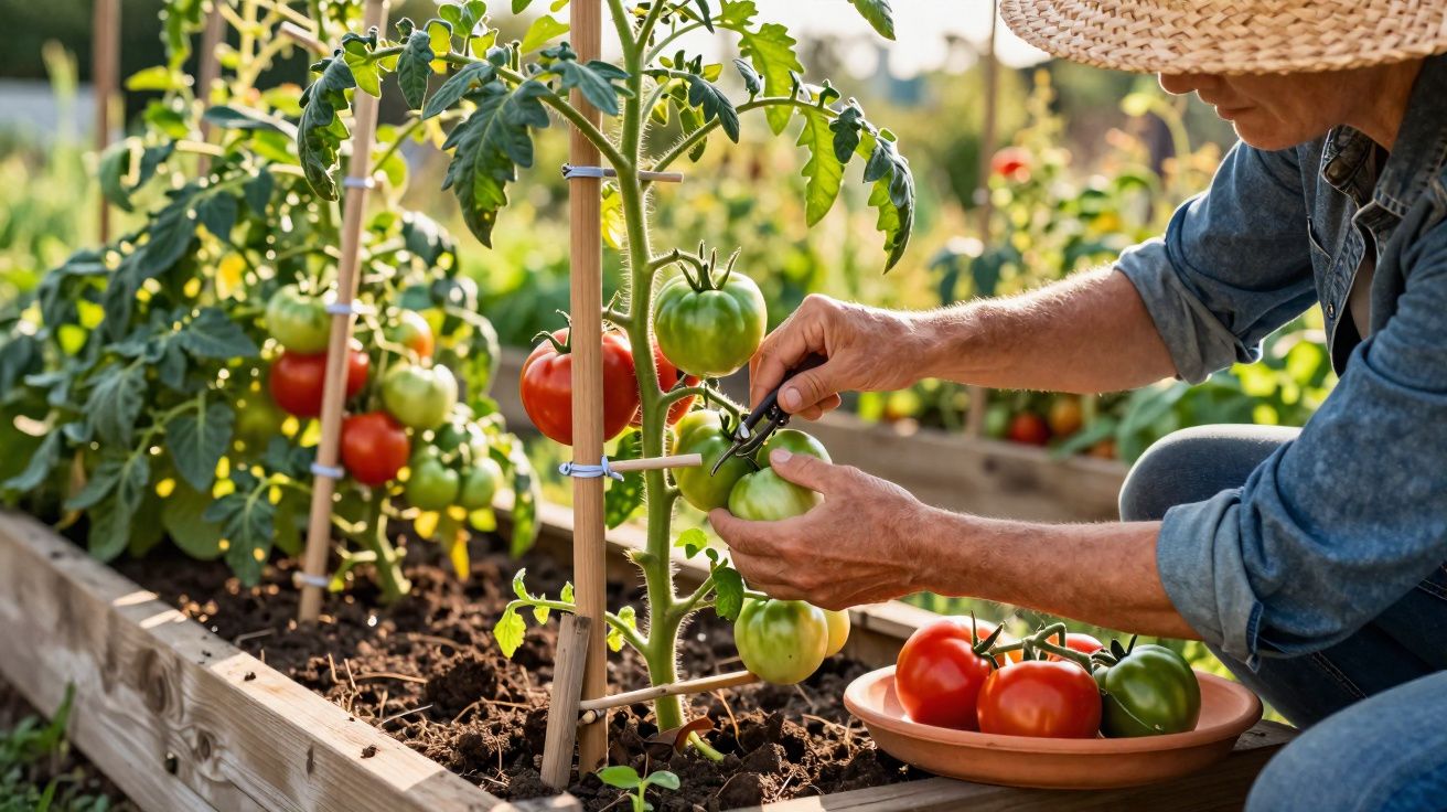 Pessoa a colher tomates verdes com tesoura num jardim hortícola em caixa de madeira.