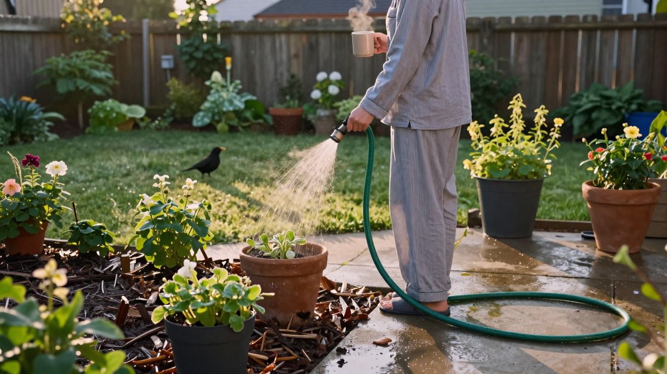 Pessoa de pijama rega plantas em vasos no jardim com uma jarra térmica na mão.