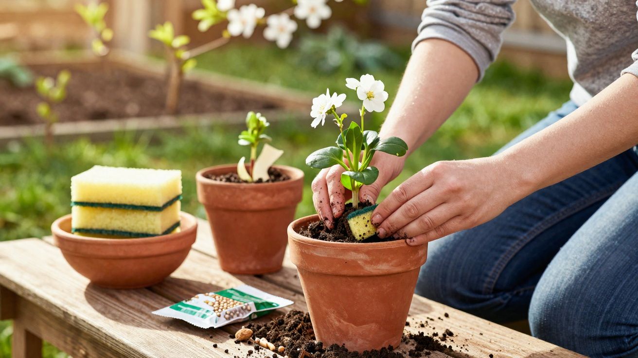 Pessoa a plantar flores brancas em vaso de barro num jardim com terra e sementes numa bancada de madeira.