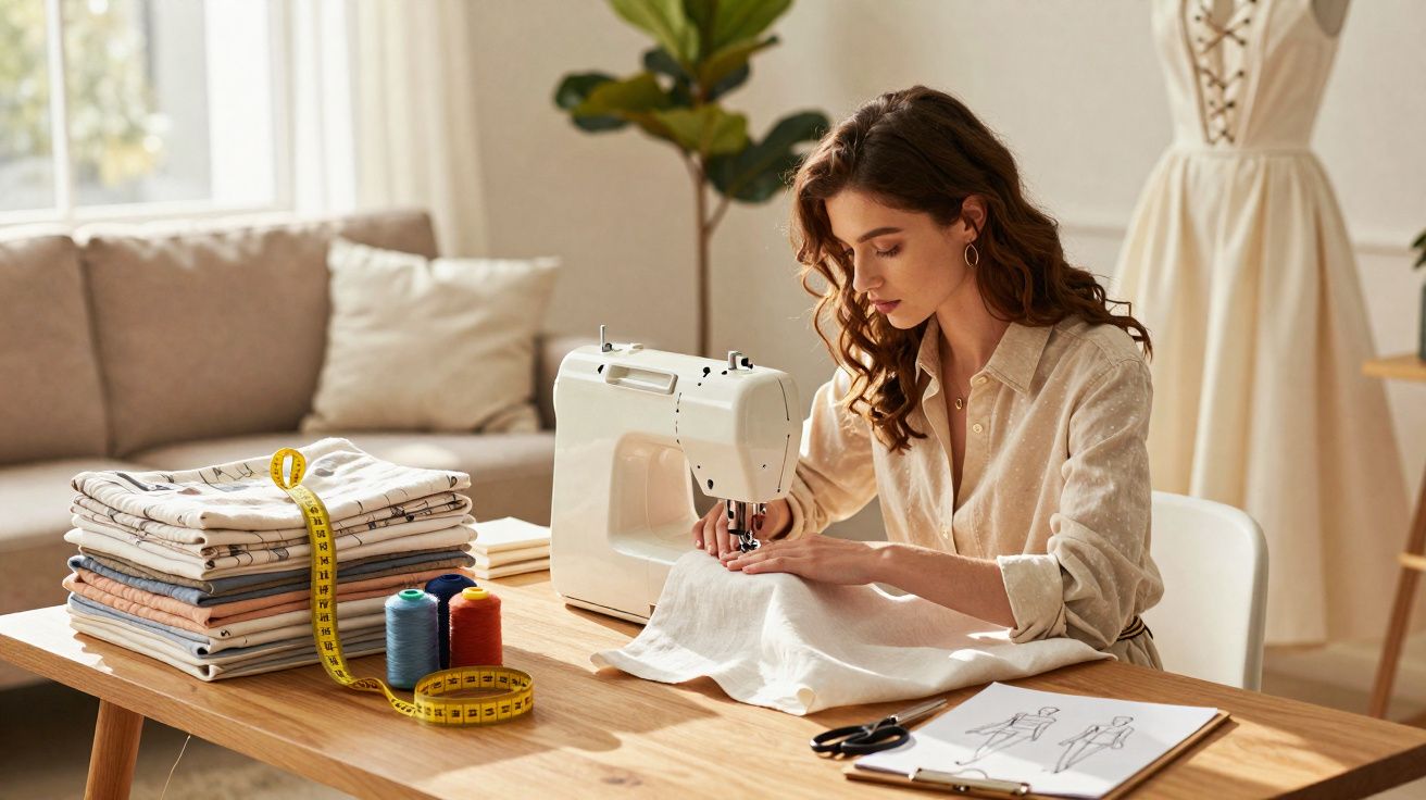 Mulher a costurar tecido branco numa máquina de costura numa mesa com tecidos e desenhos de moda.