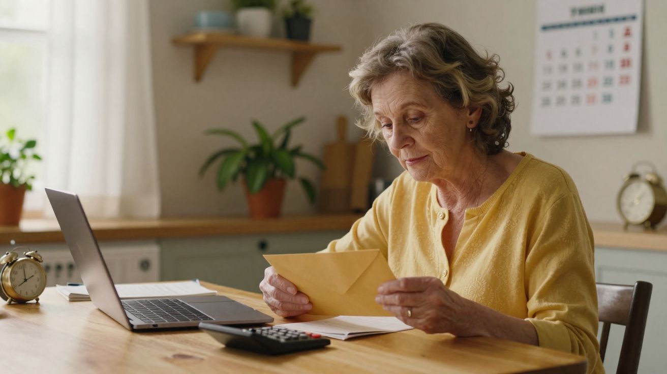 Mulher idosa sentada a uma mesa, a ler uma carta, com portátil, calculadora e relógio à sua frente.