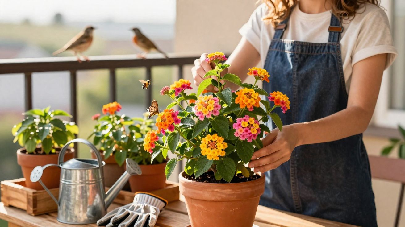 Pessoa a cuidar de flores coloridas em vasos num varandim com pássaros e insetos ao redor.