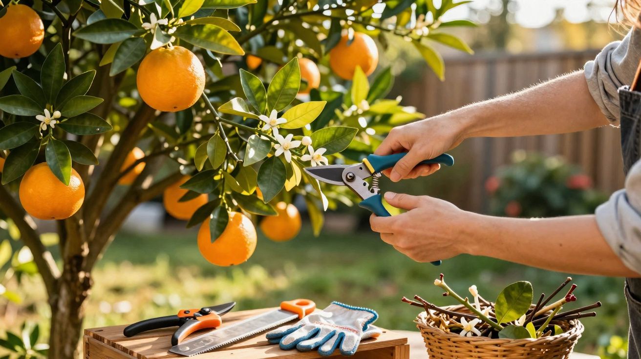 Pessoa podando laranjeira com tesoura de poda num jardim, junto a mesa com ferramentas e cesta com ramos.