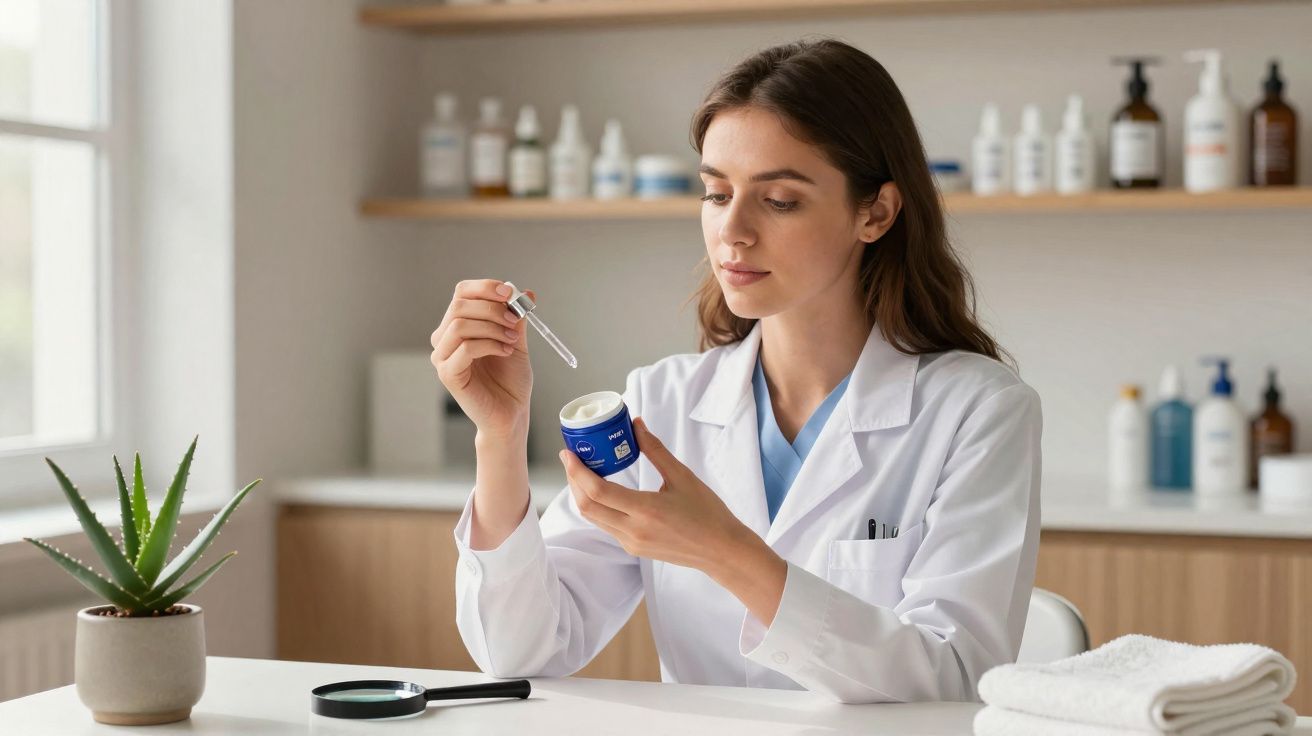 Mulher em bata branca segura conta-gotas e creme azul num laboratório com produtos cosméticos ao fundo.