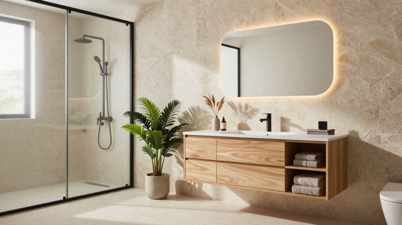 Casa de banho moderna com lavatório em madeira, espelho iluminado, planta e cabine de duche de vidro.