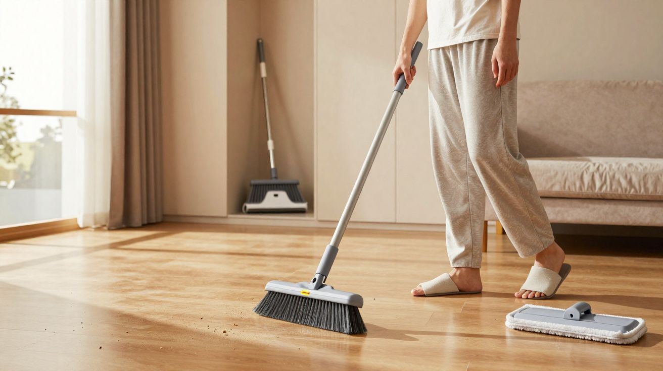 Pessoa a varrer chão de madeira clara numa sala iluminada e com sofá castanho claro ao fundo.