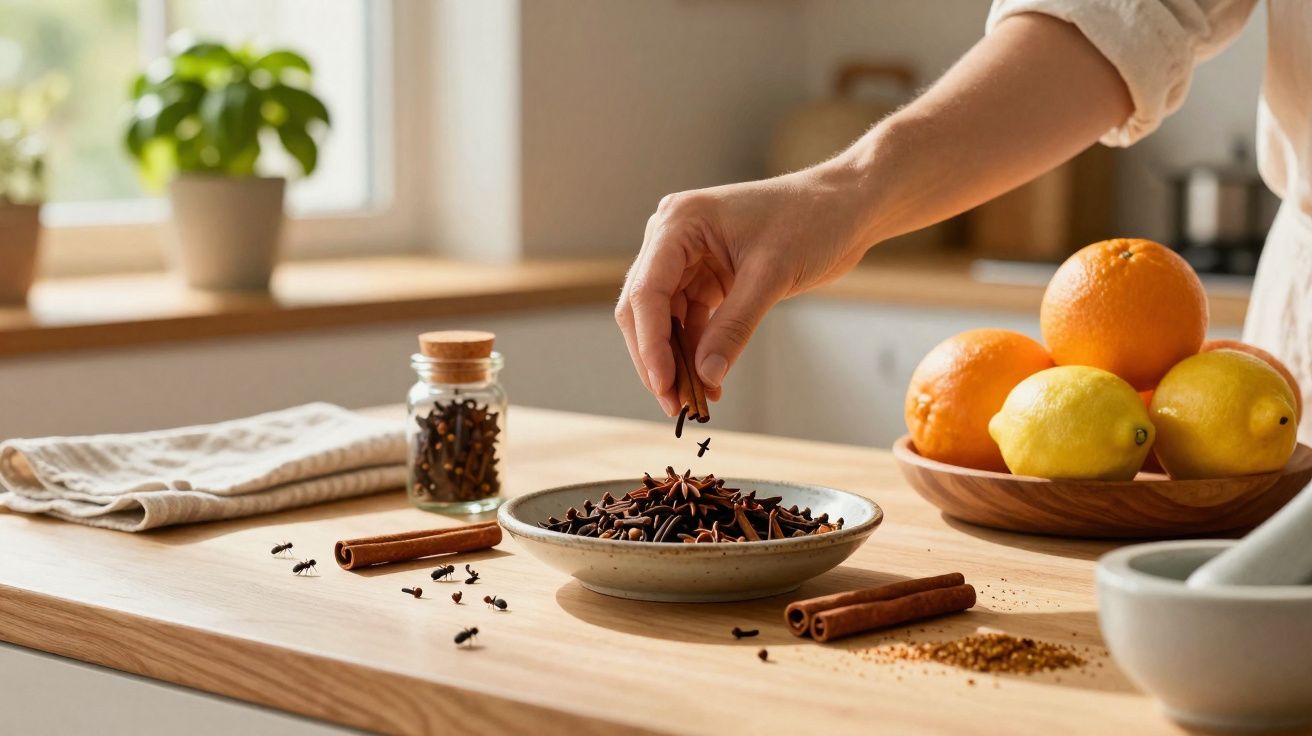 Mão feminina a segurar cravinho sobre prato com especiarias, frutas cítricas e pau de canela na cozinha.