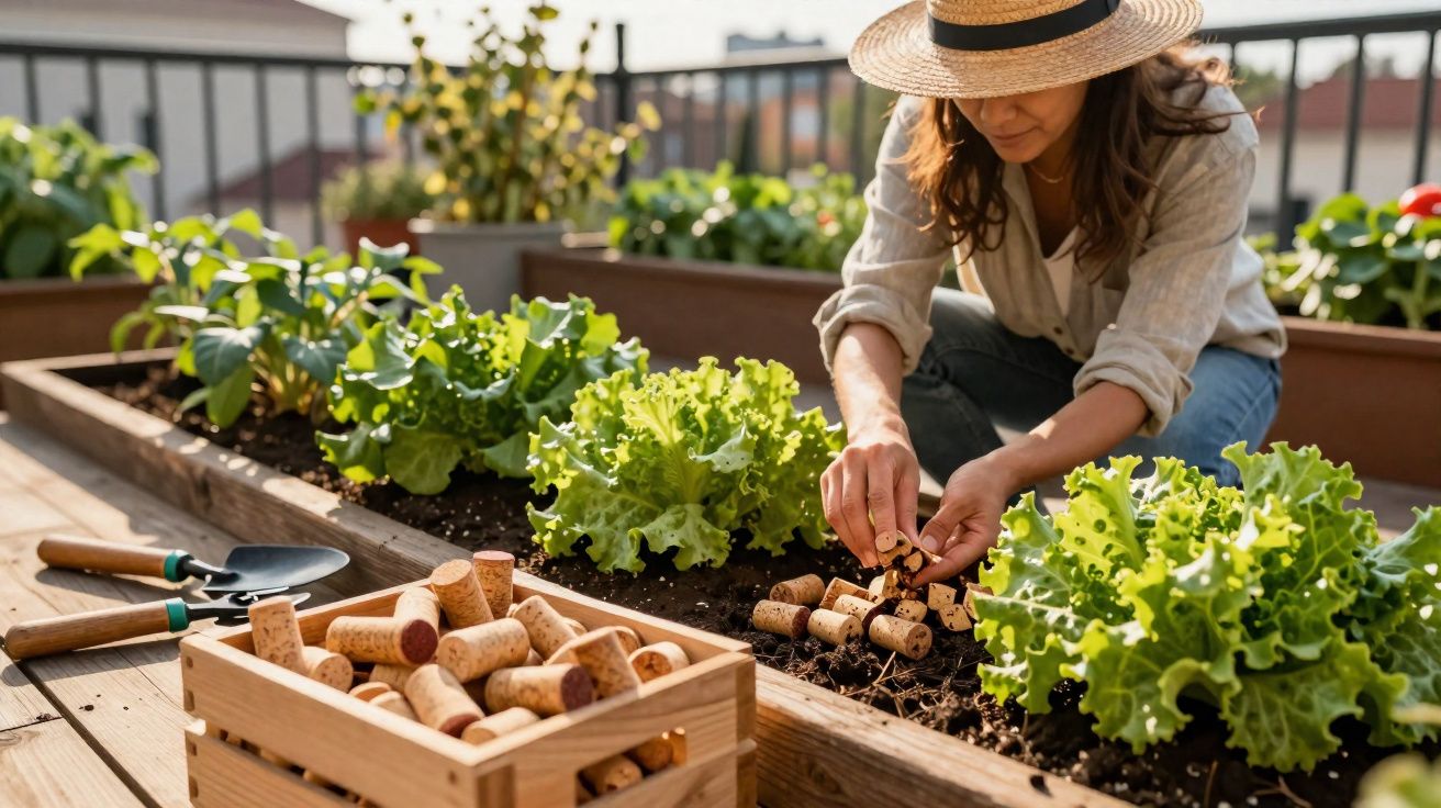 Mulher com chapéu a cuidar de plantas num vaso elevado, junto a caixa de rolhas e ferramentas de jardinagem.