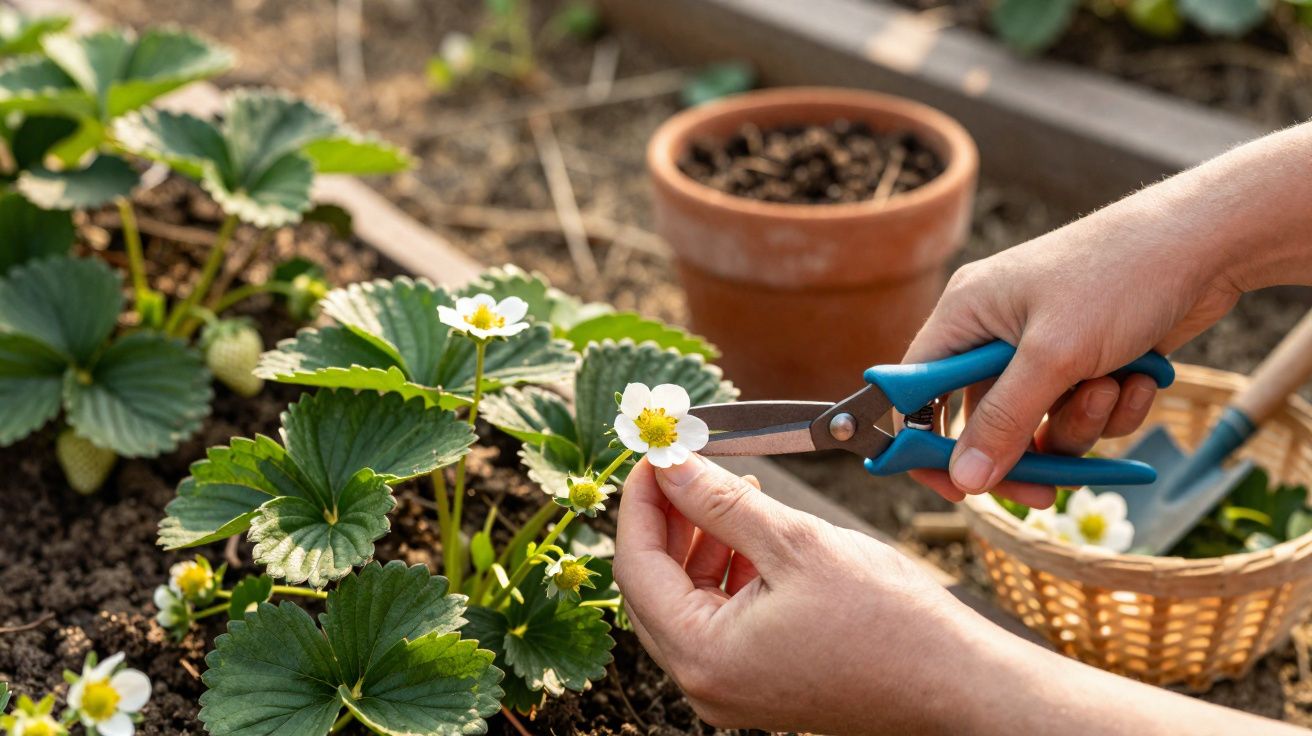 Pessoa a podar flores brancas de planta de morango num canteiro de jardim.