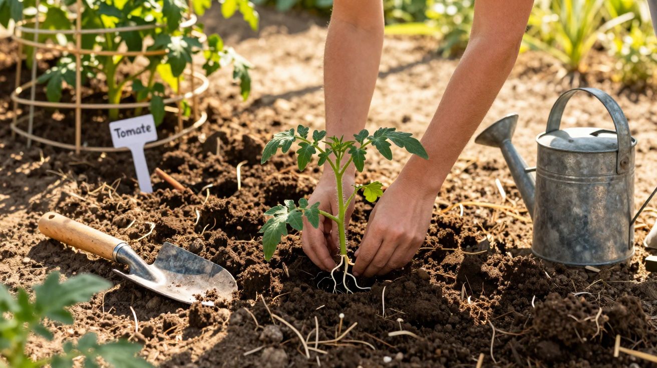 Pessoa a plantar uma muda de tomate no solo de uma horta com regador e enxada ao lado.