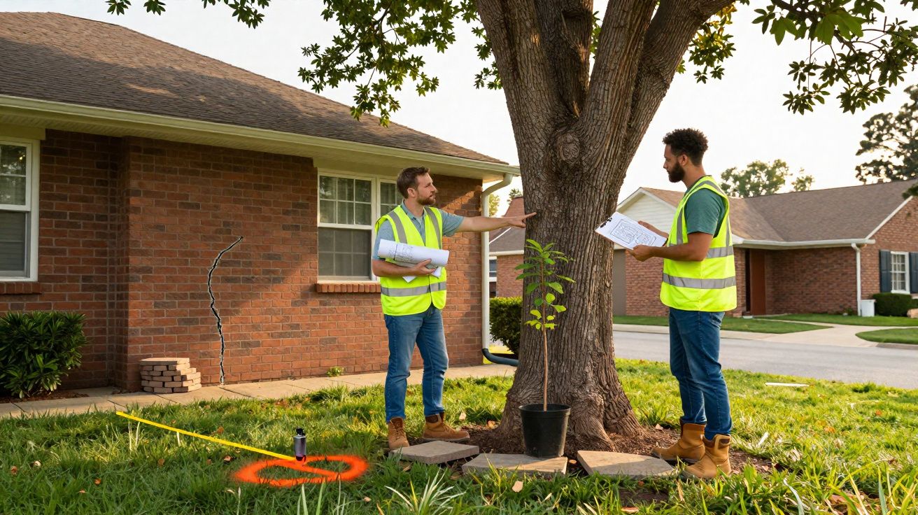 Dois técnicos a analisar uma rachadura numa casa de tijolo vermelho junto a uma árvore grande.