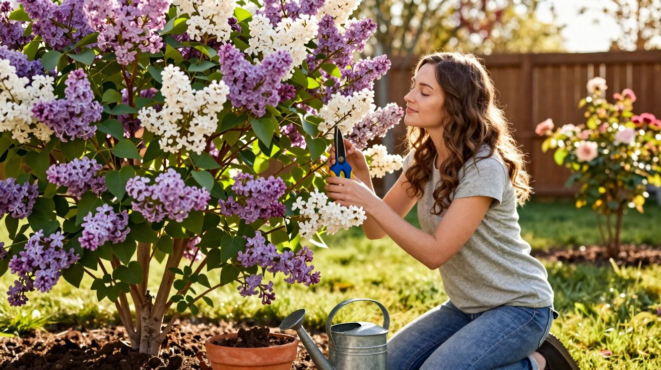 Mulher a podar flores lilases e brancas num jardim ensolarado, ajoelhada na relva.