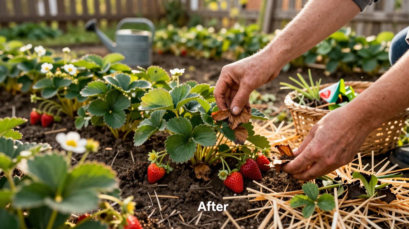 Mãos a tratar plantas de morangos num canteiro com palha e morangos maduros.