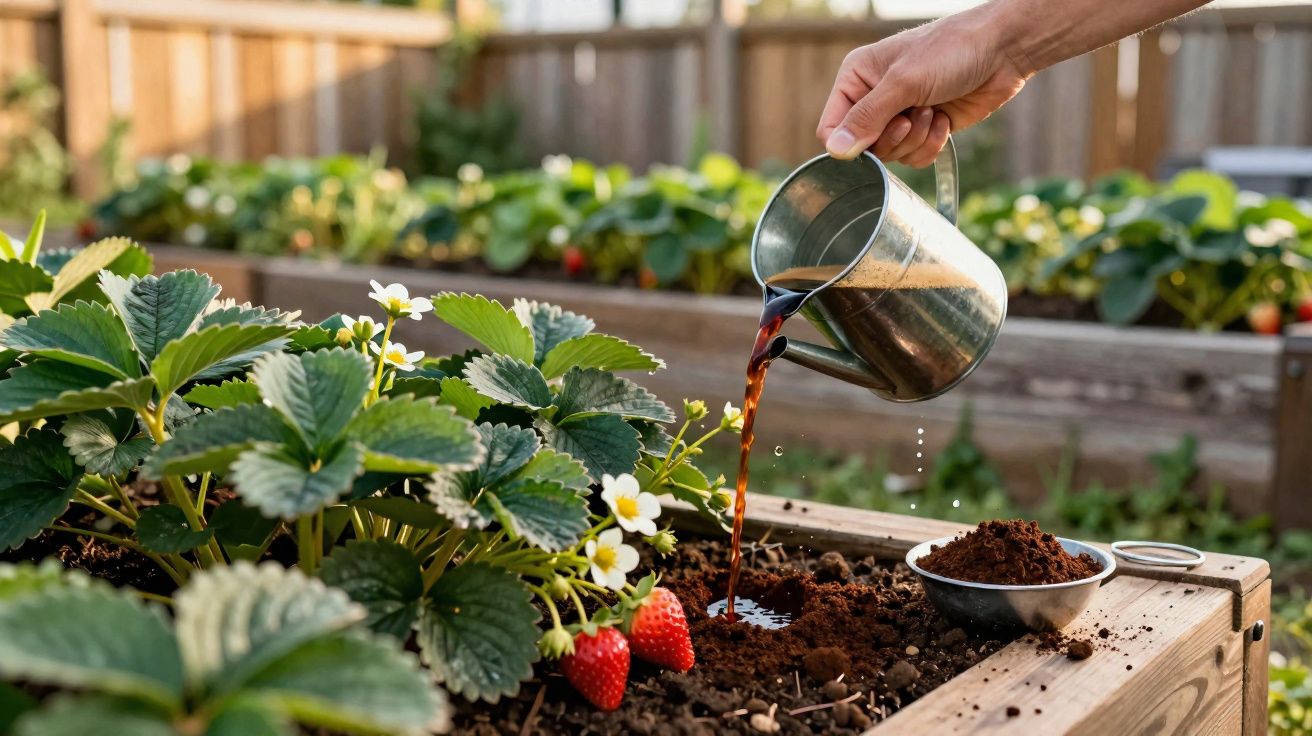 Mão a regar uma horta urbana com plantas de morango em canteiros de madeira ao ar livre.