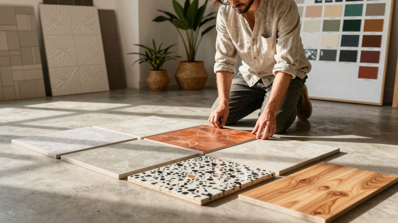 Homem ajoelhado a escolher entre diferentes tipos de azulejos e revestimentos no chão de uma sala.