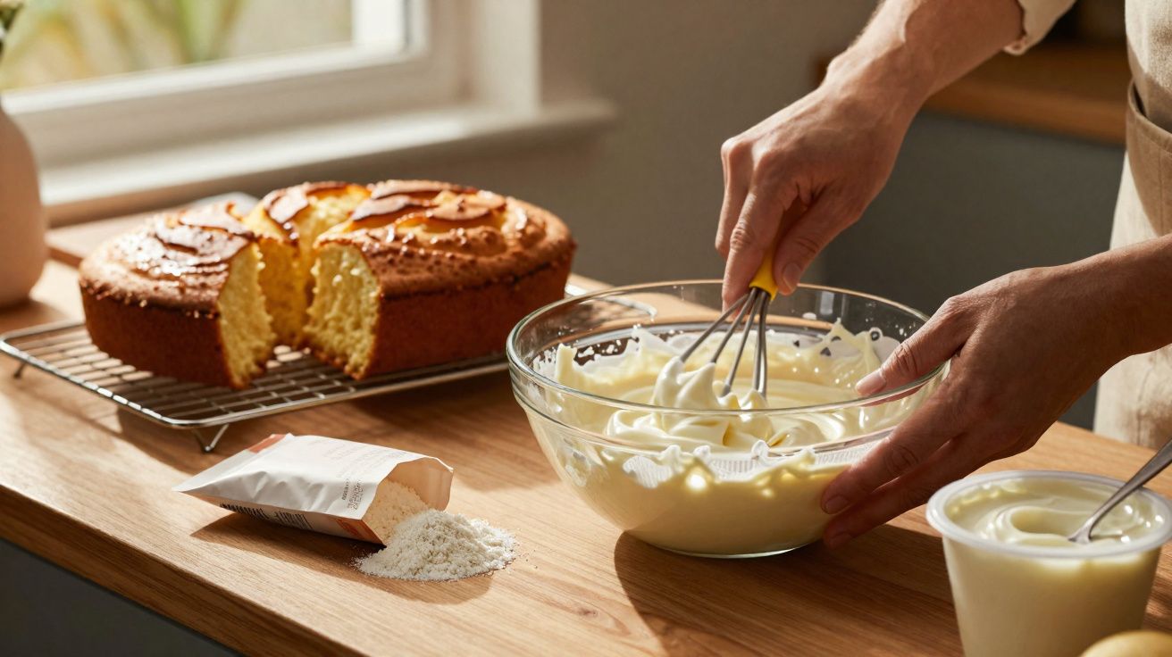 Mãos a bater creme numa taça de vidro, bolo fofo com amêndoas cortado ao lado, farinha derramada na bancada.