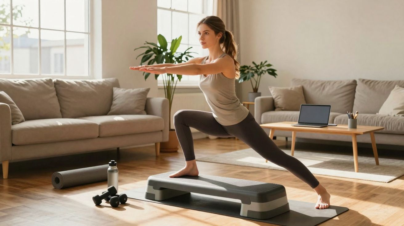 Mulher a fazer exercício de alongamento com braço estendido num tapete em sala iluminada.