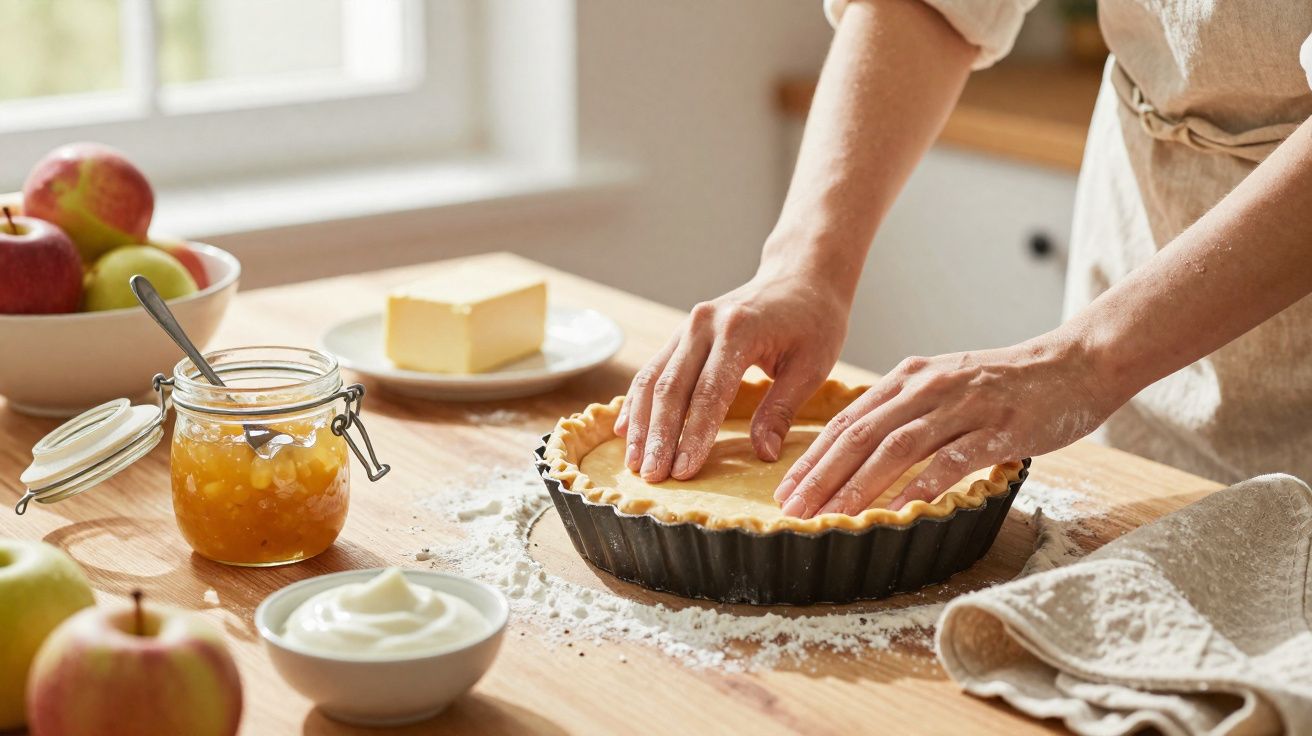 Mãos a preparar uma tarte caseira numa forma na cozinha, com ingredientes e fruta sobre a bancada de madeira.
