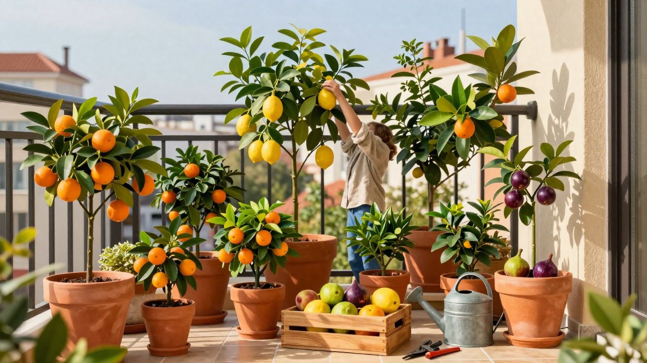 Varanda com várias árvores de fruto em vasos e uma criança a colher limões.