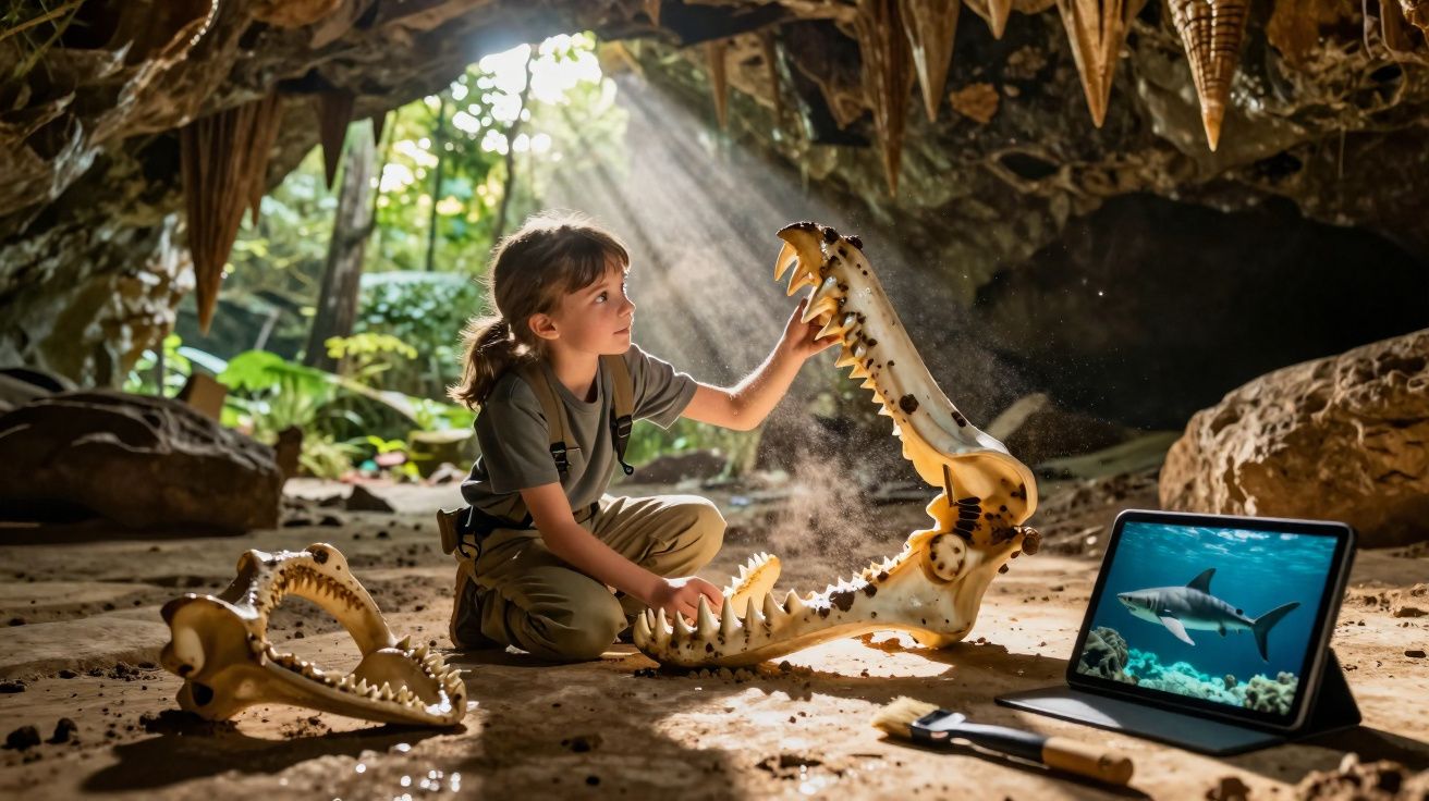 Criança explora mandíbula de tubarão numa gruta, com tablet a mostrar imagem de tubarão e ferramentas no chão.