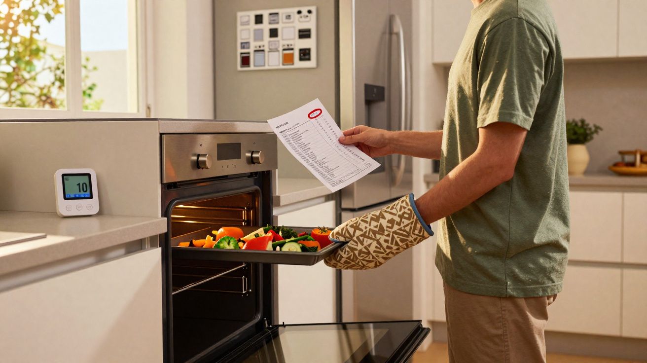 Pessoa a colocar tabuleiro com legumes no forno, segurando instruções de receita numa cozinha moderna.