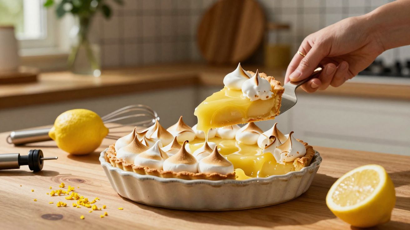 Fatia de tarte de limão com merengue a ser retirada de formaira, com limões e batedor ao fundo numa cozinha.