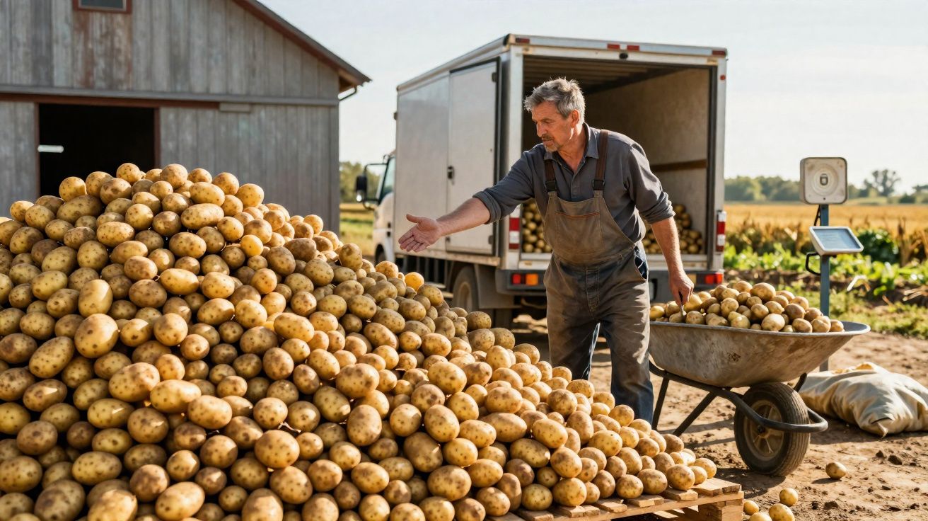 Homem com macacão verifica grande monte de batatas ao ar livre, com carrinho de mão e camião ao fundo.
