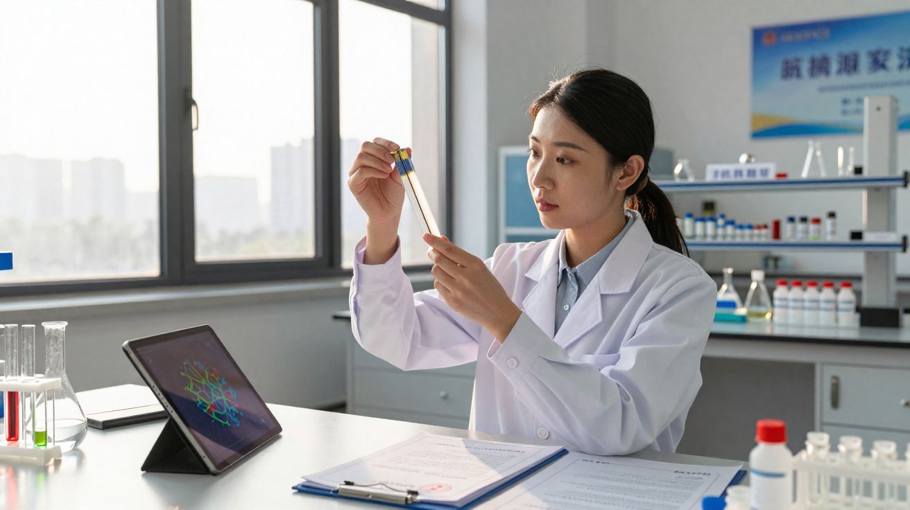 Cientista a analisar tubos de ensaio num laboratório moderno com equipamento científico e tablet.