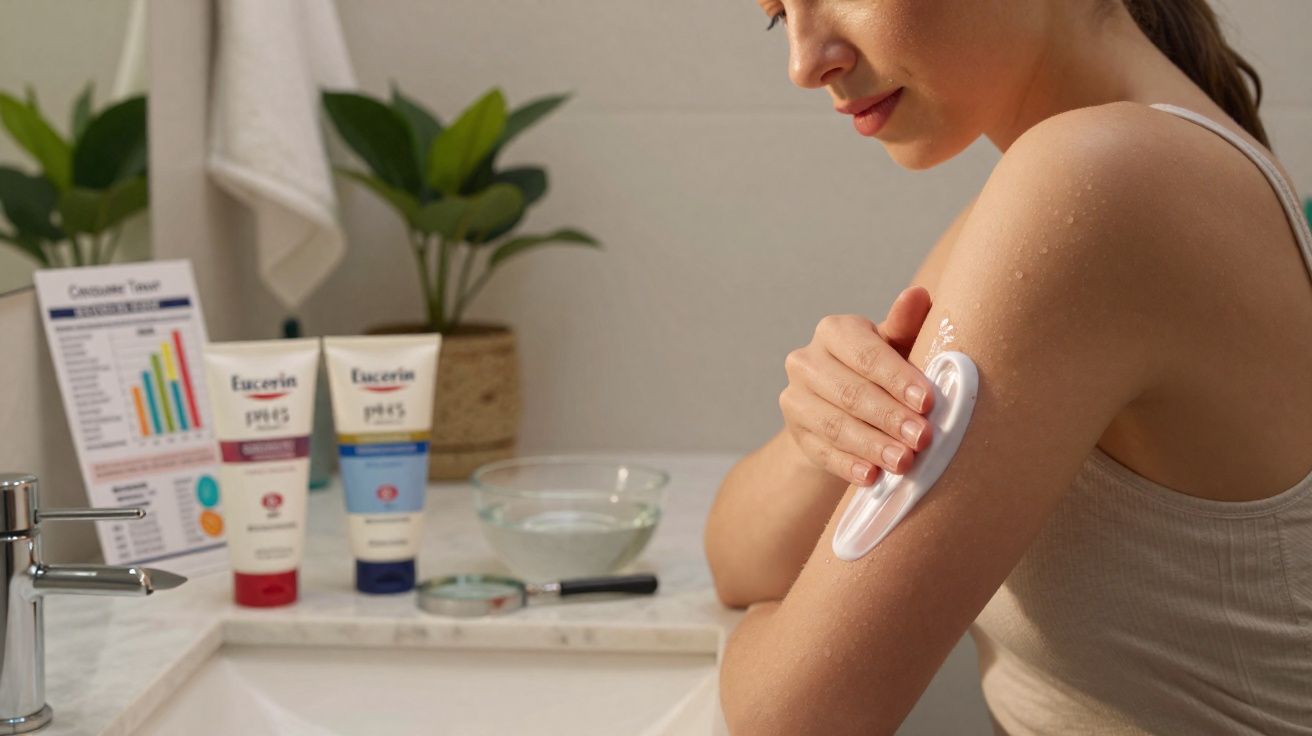 Pessoa a aplicar creme hidratante no braço num ambiente de casa de banho com produtos Eucerin ao fundo.