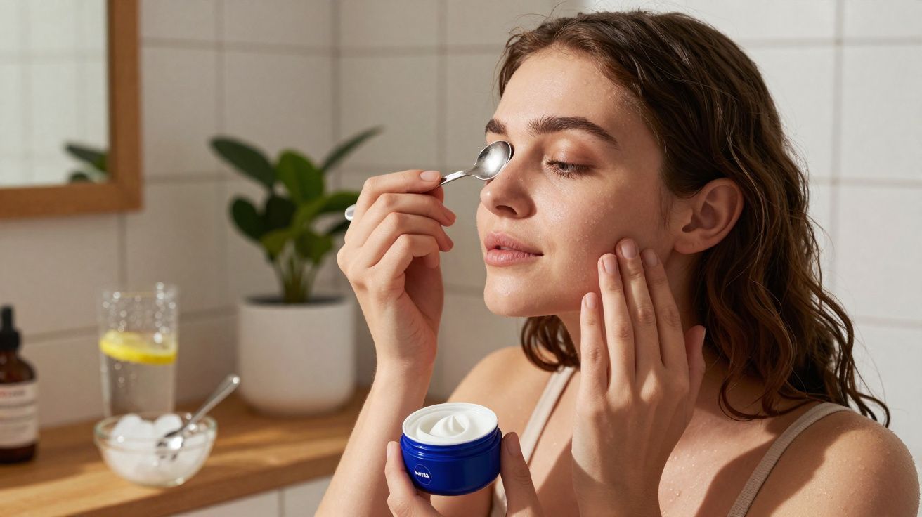 Mulher aplica creme facial com colher pequena num ambiente de casa de banho iluminado.