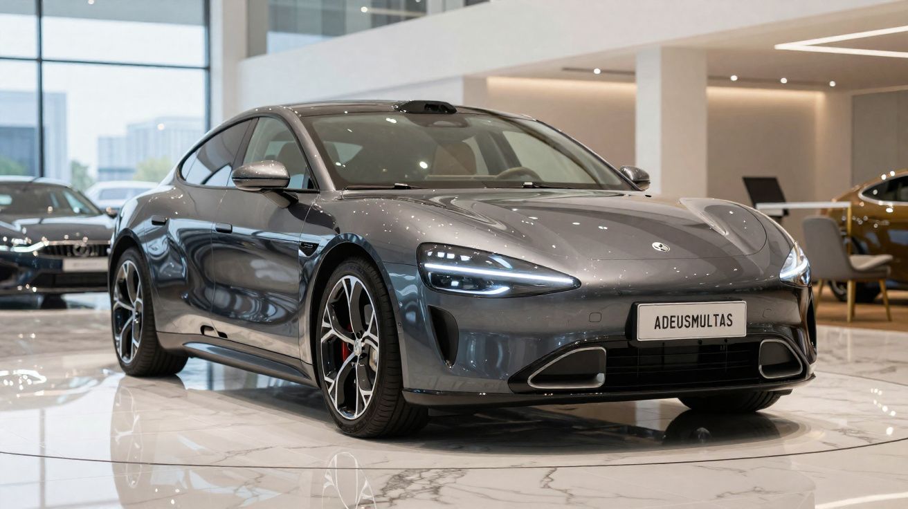 Carro elétrico cinzento moderno em exposição num showroom com iluminação interior e chão brilhante.