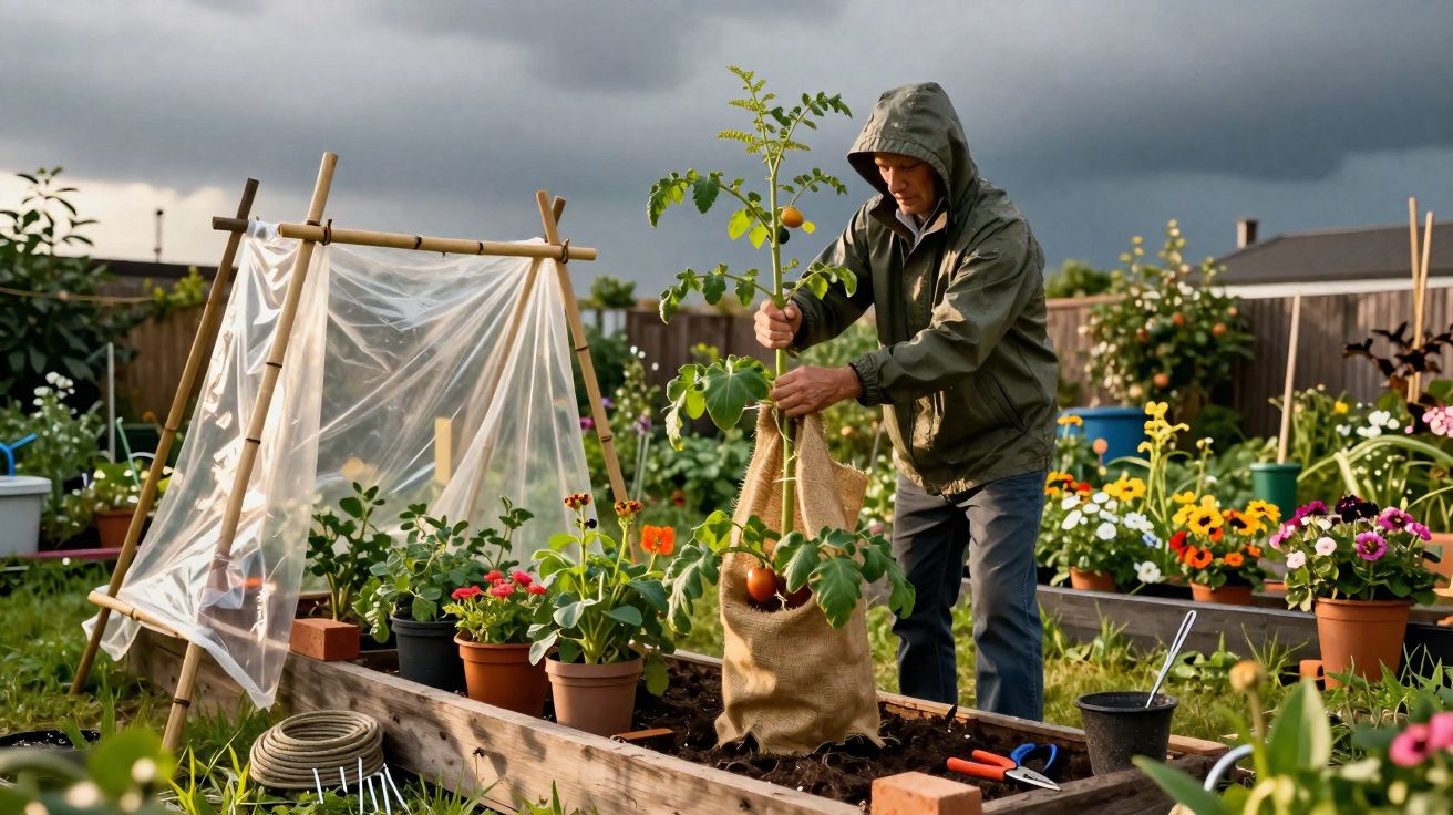 Homem com casaco e capuz a plantar uma muda numa horta com várias flores e plantas ao redor.
