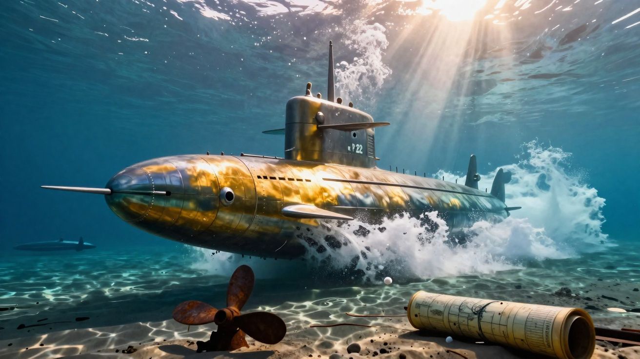 Submarino metálico a emergir no fundo do mar rodeado de luz solar e objetos abandonados no chão marinho.