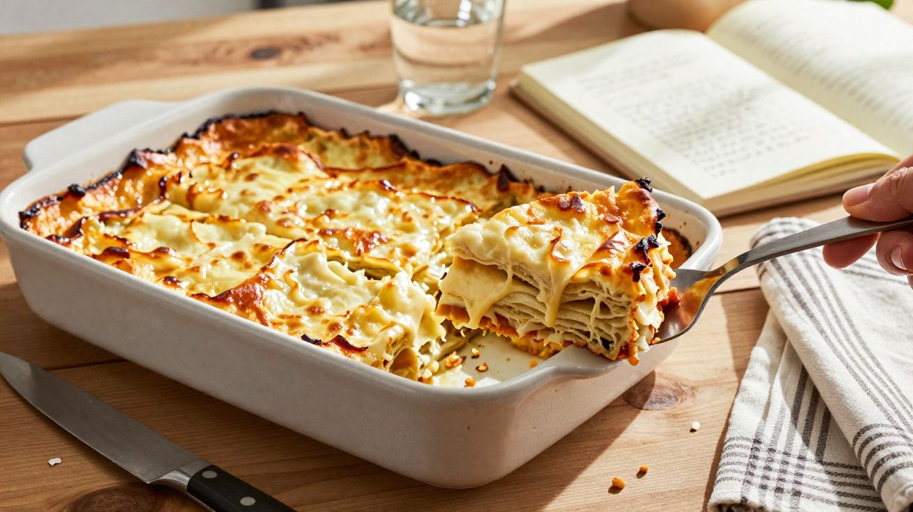 Tabuleiro de lasanha caseira com queijo derretido, uma fatia sendo servida numa espátula.