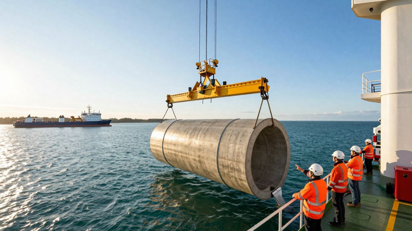 Operários em coletes e capacetes observam grande tubo de cimento ser içado por guindaste em barco no mar.