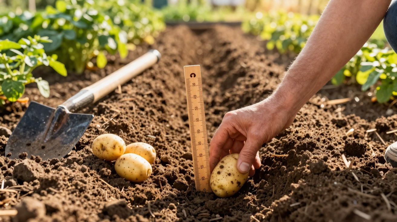 Mão a tirar batata do solo em terreno de cultivo, com régua para medir e enxada ao lado.