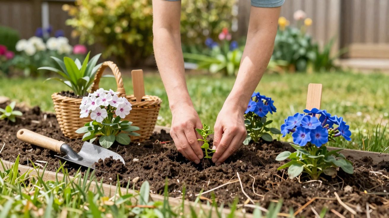 Mãos a plantar uma muda no solo de um jardim com flores coloridas e utensílios de jardinagem.
