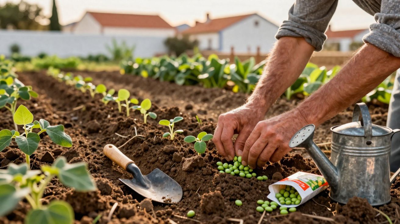 Mãos a plantar sementes verdes na terra de um jardim, com regador e enxada ao lado.