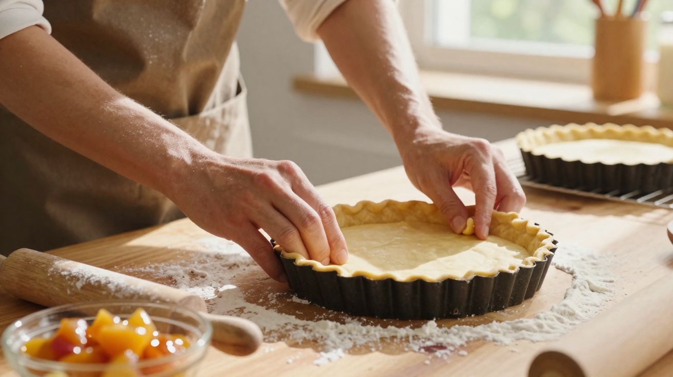 Pessoa a preparar a borda de uma tarteira com massa numa cozinha iluminada, com utensílios de pastelaria e fruta ao lado.