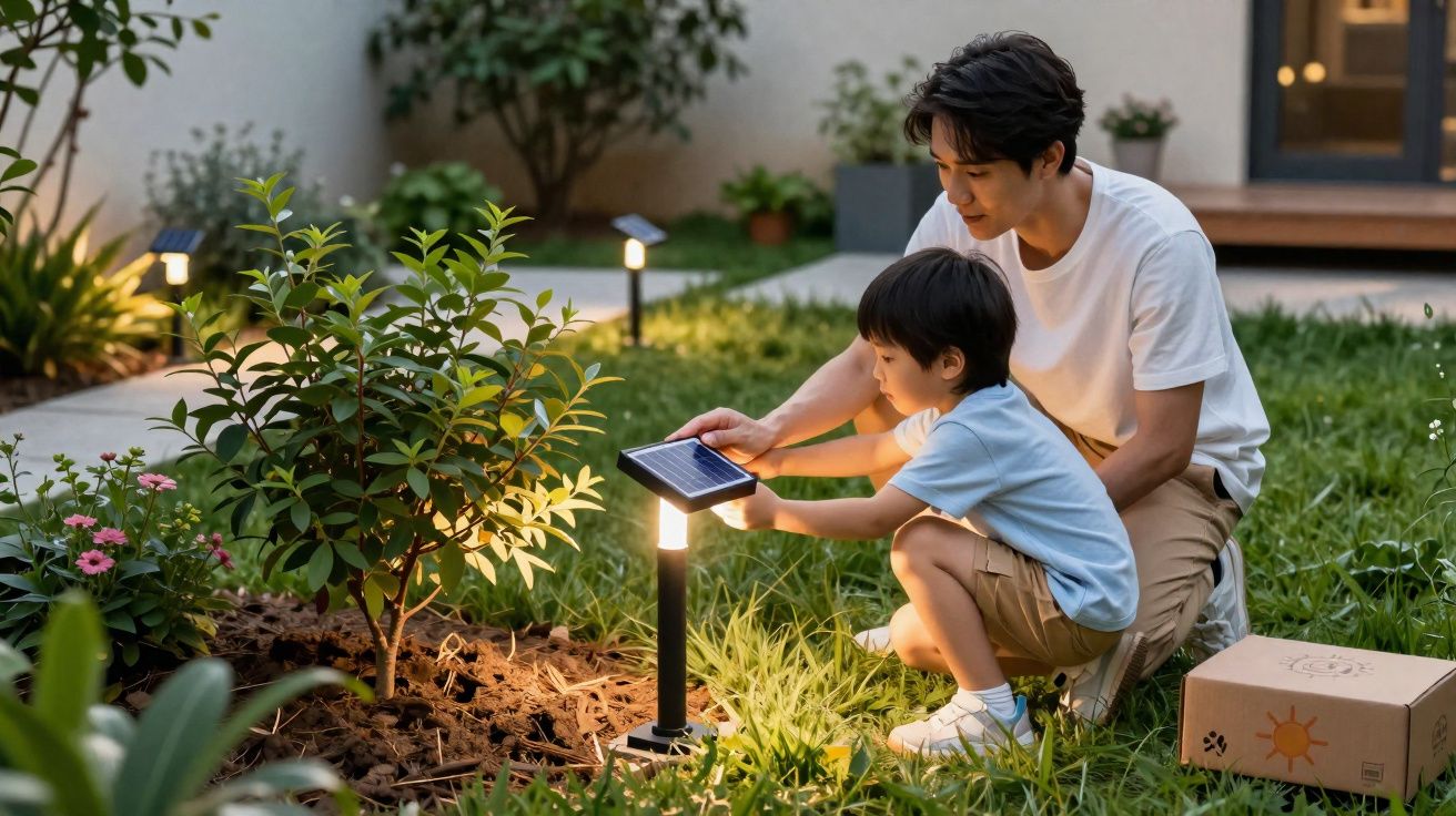 Homem e criança ajustam um candeeiro solar num jardim à noite.
