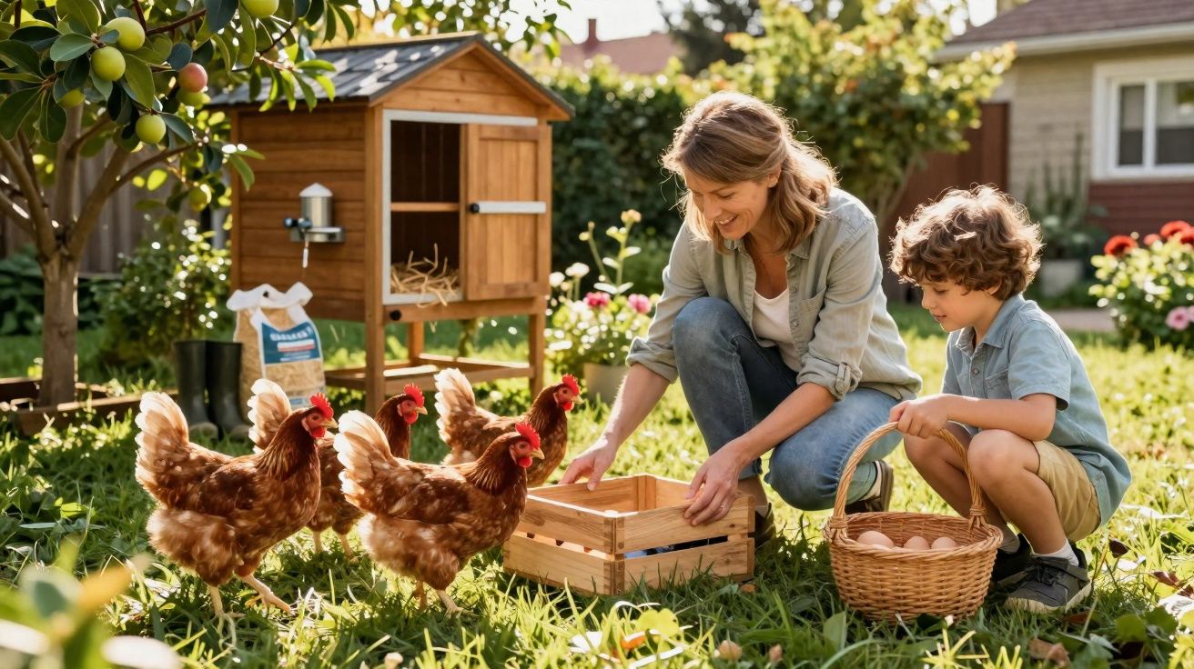 Mulher e menino recolhem ovos de galinhas num jardim com galinheiro e árvores de fruta.