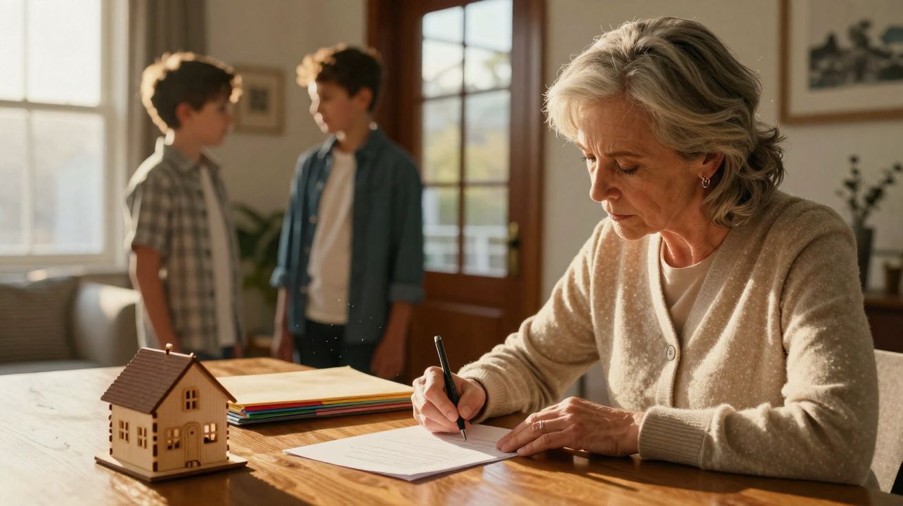 Mulher idosa escreve num documento numa mesa enquanto duas crianças conversam ao fundo, junto a janelas.