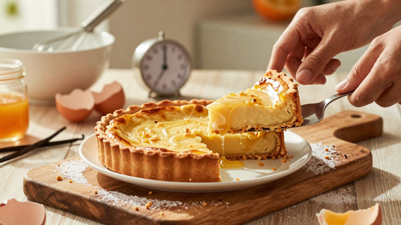 Tarte de limão com cobertura caramelizada sendo servida, em prato branco sobre tábua de madeira.