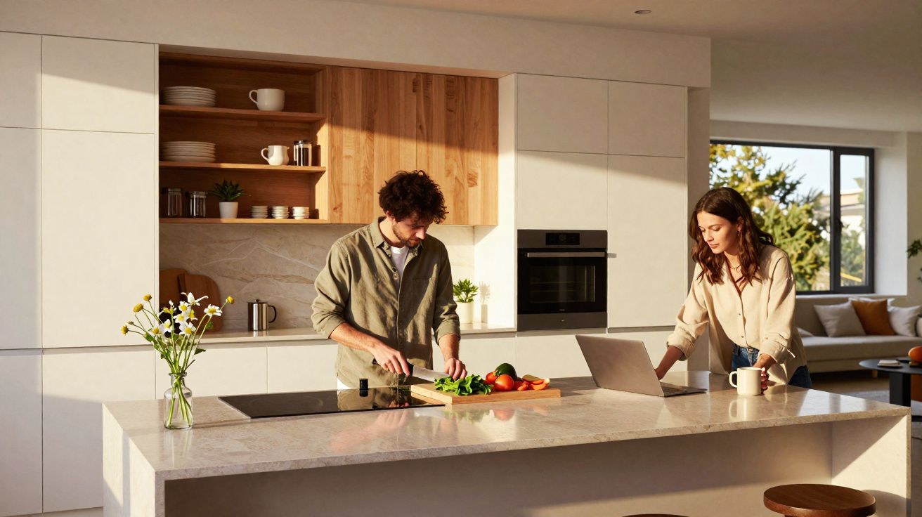 Casal numa cozinha moderna: homem corta legumes e mulher usa portátil junto à ilha da cozinha.