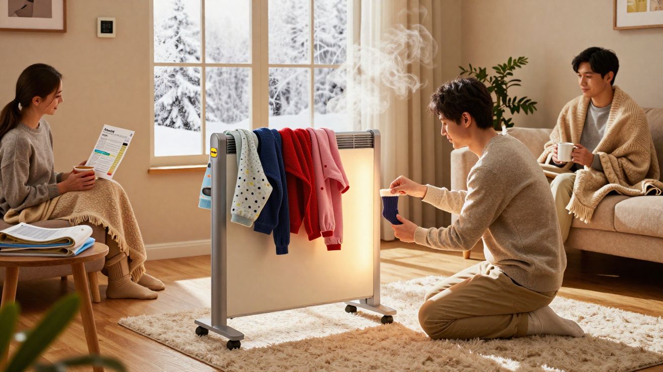 Três pessoas num ambiente acolhedor, a aproveitar o aquecedor enquanto roupas secam e bebem chá.